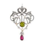 AN ANTIQUE BELLE EPOQUE PINK TOURMLAINE, PERIDOT, DIAMOND AND PEARL PENDANT in yellow gold and