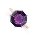 AN AMETHYST DRESS RING in 18ct rose gold, set with an octagonal cut amethyst of 4.81 carats, stamped