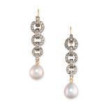 NO RESERVE - A PAIR OF PEARL AND DIAMOND DROP EARRINGS in platinum and yellow gold, the