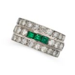 AN EMERALD AND DIAMOND DRESS RING the band set with alternating rows of round brilliant cut diamonds