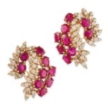 A PAIR OF RUBY AND DIAMOND CLIP EARRINGS in yellow gold, each designed as a spray of foliage, set