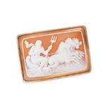 AN ANTIQUE SHELL CAMEO BROOCH in yellow gold, the rectangular body set with a shell cameo carved