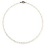 A PEARL AND DIAMOND NECKLACE designed as a single strand of graduated pearls measuring 3.2-7.2mm