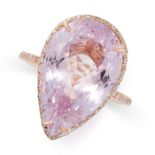 A KUNZITE AND DIAMOND RING set with a pear shaped kunzite weighing 12.92 carats in a border of round