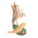 AN EMERALD, RUBY AND DIAMOND FISH BROOCH designed as a tropical fish, set with round cut emeralds to