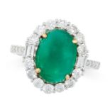 AN EMERALD AND DIAMOND RING in 18ct white gold, set with an oval cabochon emerald of 3.31 carats,
