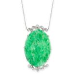 AN ART DECO JADEITE AND DIAMOND PENDANT, 1920S AND LATER set with an oval jadeite plaque carved with