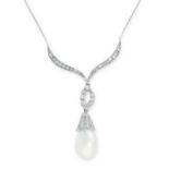 A PEARL AND DIAMOND PENDANT NECKLACE the stylised body set with round cut diamonds, suspending a
