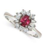 A RUBY AND DIAMOND RING of cluster design, claw set with an oval ruby within a border of brilliant