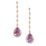 A PAIR OF AMETHYST, PINK SAPPHIRE AND DIAMOND EARRINGS each set with a pear cut amethyst within a