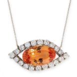 AN IMPERIAL TOPAZ AND DIAMOND PENDANT in 18ct white gold, comprising of a cushion cut imperial topaz
