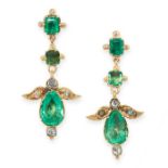 A PAIR OF EMERALD AND DIAMOND EARRINGS each of pendent design, composed of two step-cut emeralds