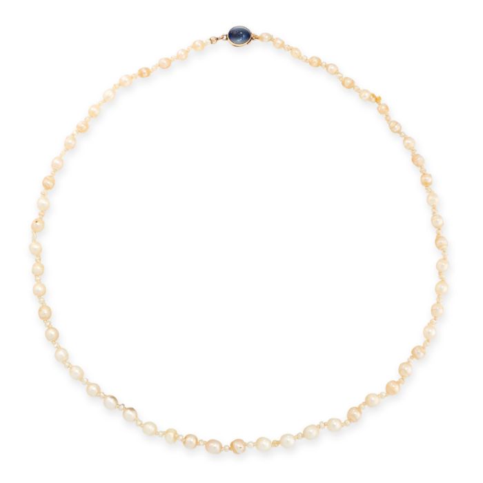 A NATURAL PEARL AND SAPPHIRE NECKLACE comprising a single row of pearls measuring 3.0-4.6mm