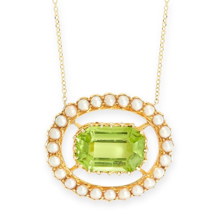 A PERIDOT AND HALF PEARL PENDANT claw-set with a step-cut peridot within an oval frame set with