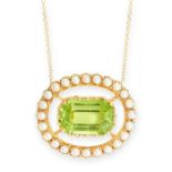 A PERIDOT AND HALF PEARL PENDANT claw-set with a step-cut peridot within an oval frame set with
