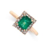 AN EMERALD AND DIAMOND RING set with an emerald cut emerald of 1.10 carats in a cluster of round cut