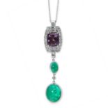 A COLOMBIAN EMERALD, AMETHYST AND DIAMOND PENDANT AND CHAIN the body set with a cushion shaped