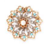 A TURQUOISE, PEARL AND WHITE GEMSTONE BROOCH / PENDANT designed as a flower, set with a central