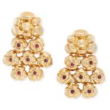 A PAIR OF RUBY EARRINGS each set with seven cabochon rubies in floral motifs, below a further floral