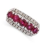 A RUBY AND DIAMOND RING set with five round cut rubies totalling 1.5-2.0 carats, between two rows of