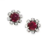 A PAIR OF UNHEATED RUBY AND DIAMOND EARRINGS each set with a cushion cut ruby, both totalling 1.30
