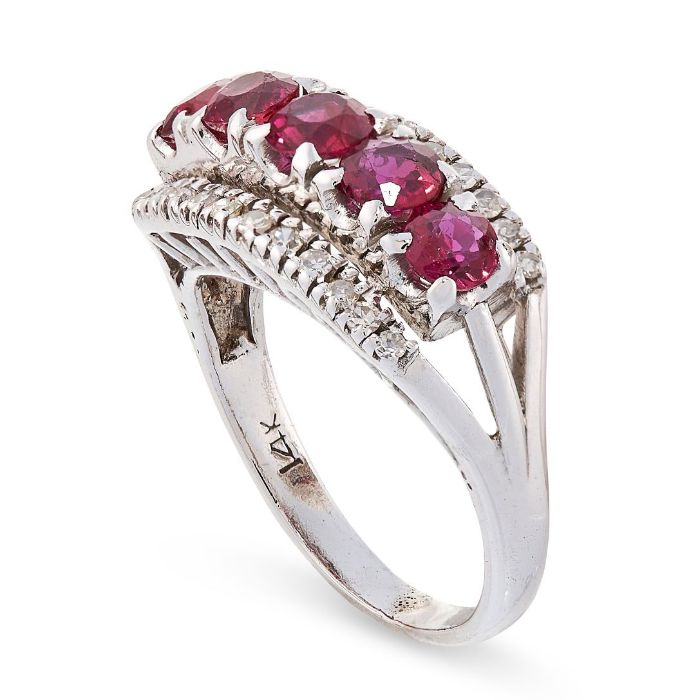 A RUBY AND DIAMOND RING set with five round cut rubies totalling 1.5-2.0 carats, between two rows of - Image 2 of 2