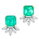 A PAIR OF EMERALD AND DIAMOND EARRINGS each set with a step-cut emerald, weighing 6.44 and 5.44