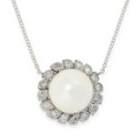 A PEARL AND DIAMOND PENDANT NECKLACE the body set with a pearl of 9.8mm, within a border of single