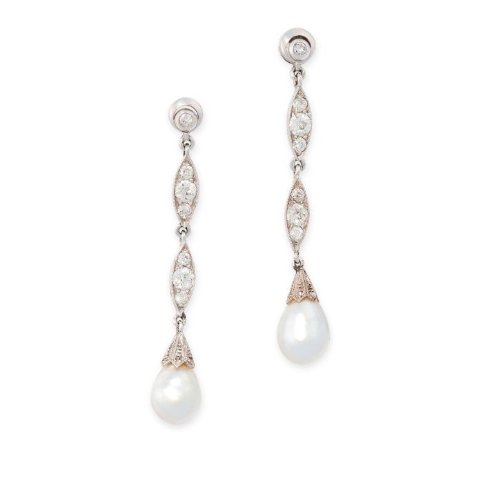 A PAIR OF PEARL AND DIAMOND EARRINGS each set with a drop shaped pearl, suspended below navette