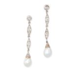 A PAIR OF PEARL AND DIAMOND EARRINGS each set with a drop shaped pearl, suspended below navette