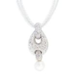 A PEARL AND DIAMOND PENDANT set with a pearl of 13.4mm, suspended below an interlocking link