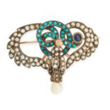 AN ANTIQUE TURQUOISE, PEARL AND SAPPHIRE BROOCH in scrolling design, depicting the body of a snake