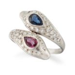 A SAPPHIRE, RUBY AND DIAMOND CROSSOVER RING