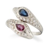 A SAPPHIRE, RUBY AND DIAMOND CROSSOVER RING