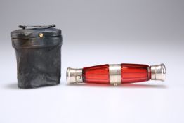 A VICTORIAN CRANBERRY GLASS FOLDING DOUBLE-ENDED SCENT BOTTLE