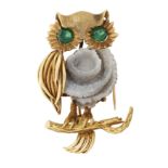 A 1970s DRUZY AGATE AND PASTE NOVELTY OWL BROOCH