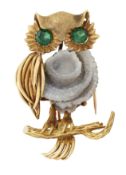 A 1970s DRUZY AGATE AND PASTE NOVELTY OWL BROOCH