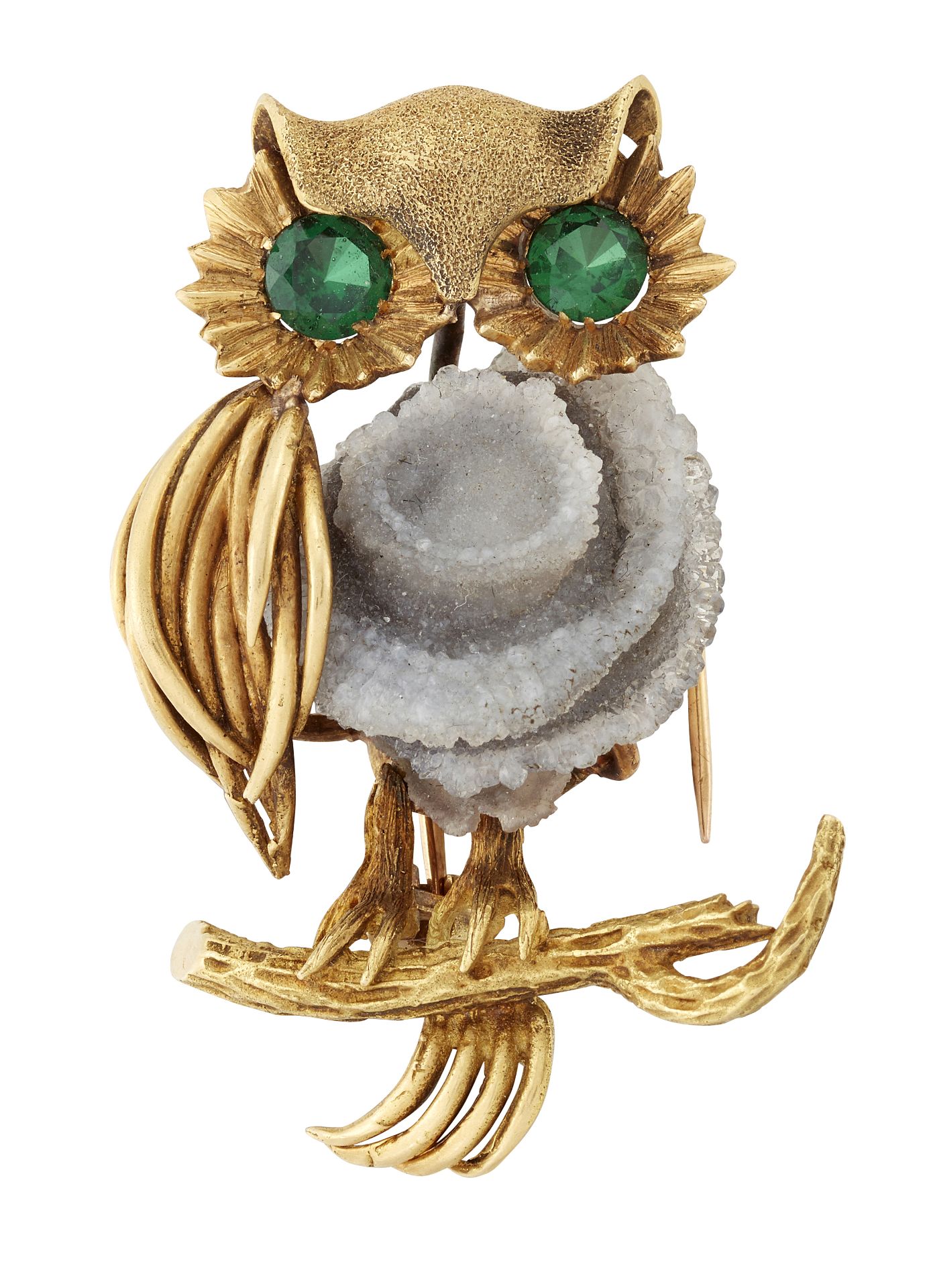 A 1970s DRUZY AGATE AND PASTE NOVELTY OWL BROOCH