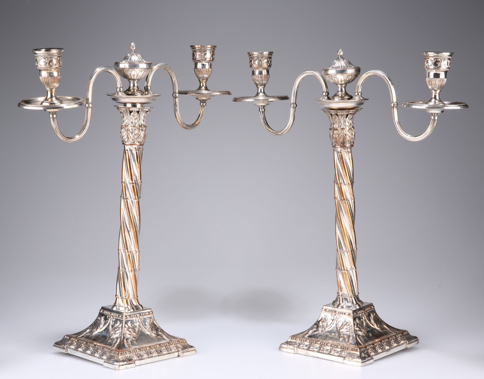 A PAIR OF OLD SHEFFIELD PLATE CANDELABRA, CIRCA 1770