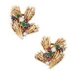 A PAIR OF 18CT GOLD DIAMOND, EMERALD, SAPPHIRE AND RUBY CLIP EARRINGS, BY CARTIER