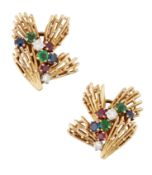 A PAIR OF 18CT GOLD DIAMOND, EMERALD, SAPPHIRE AND RUBY CLIP EARRINGS, BY CARTIER