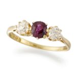 AN 18CT GOLD RUBY AND DIAMOND THREE STONE RING