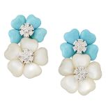 A PAIR OF 18CT WHITE GOLD MOTHER-OF-PEARL, TURQUOISE AND DIAMOND CLUSTER CLIP EARRINGS
