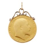 AN EDWARD VII, 1902 DOUBLE SOVEREIGN WITH SOLDERED SCROLL MOUNT AS A PENDANT