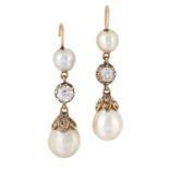 A PAIR OF NATURAL SALTWATER PEARL AND DIAMOND PENDANT EARRINGS