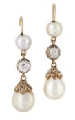 A PAIR OF NATURAL SALTWATER PEARL AND DIAMOND PENDANT EARRINGS