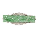 AN ART DECO JADE AND DIAMOND BROOCH