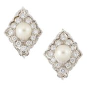 A PAIR OF CULTURED PEARL AND DIAMOND CLIP EARRINGS