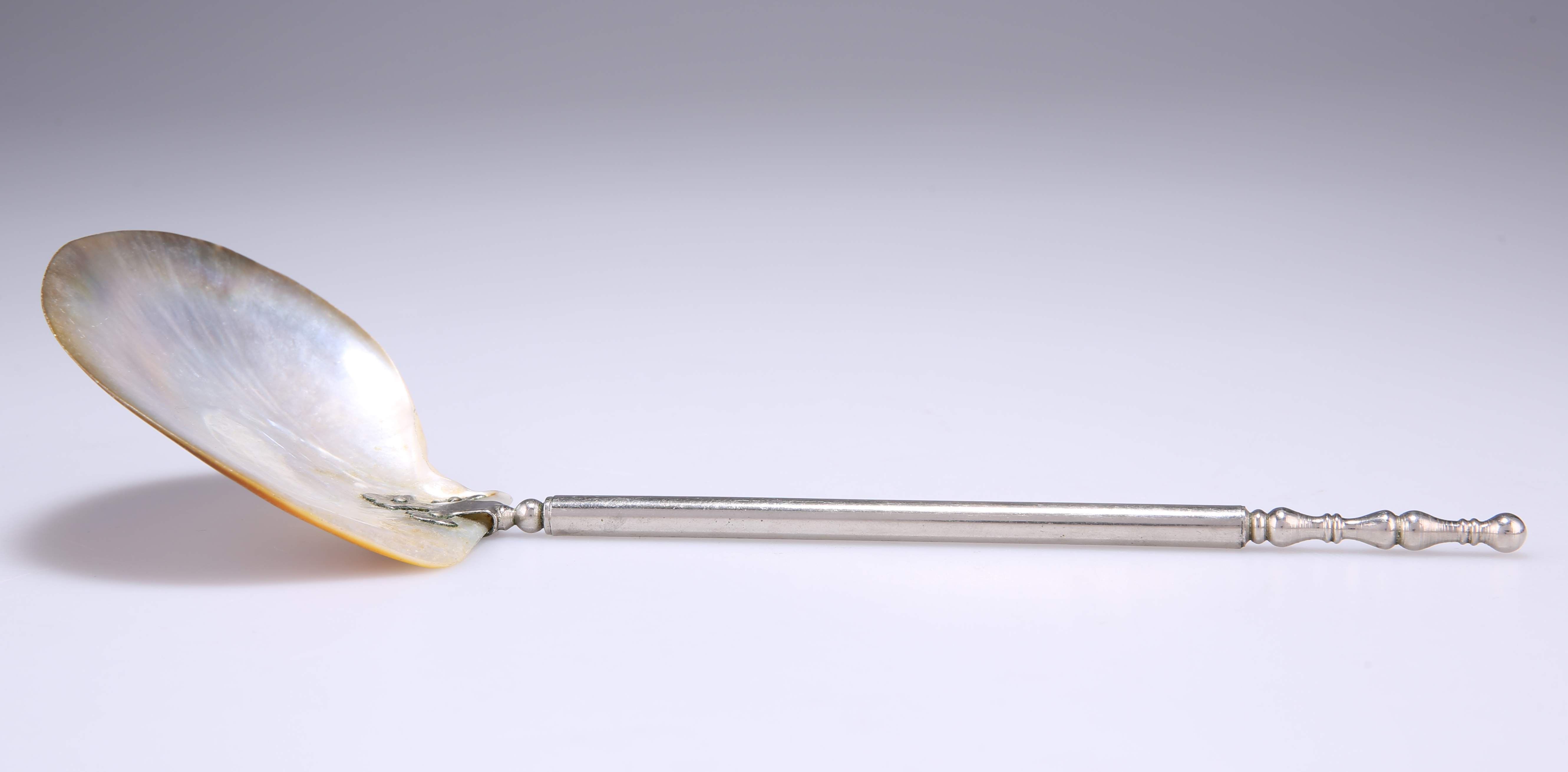 A 19TH CENTURY MOTHER-OF-PEARL AND SILVER-PLATED SERVING SPOON