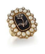 A PEARL, ENAMEL AND DIAMOND MOURNING RING